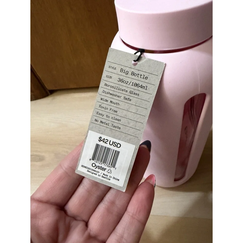 NWT Bink Bottle 36oz Glass Water Bottle Pink Silicone Sleeve with Straw